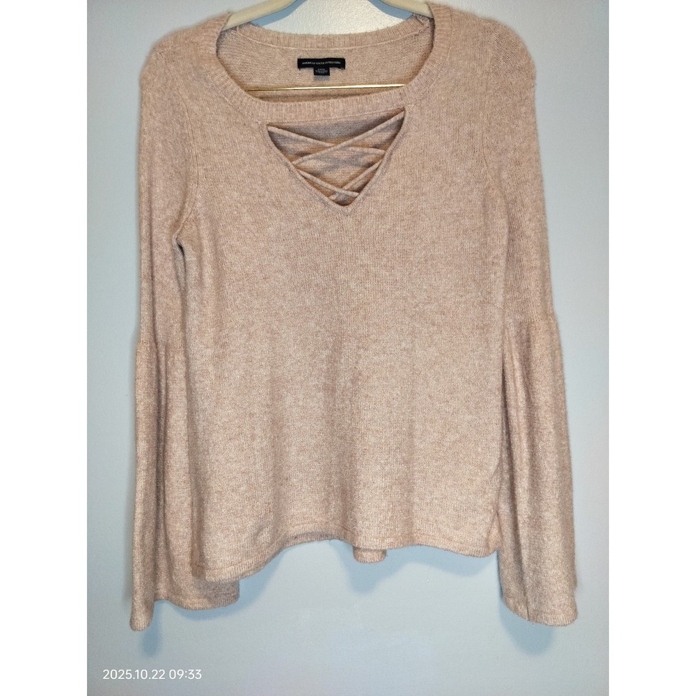 American Eagle Women's Bell Sleeve Criss Cross Knit Sweater Blush Pink Size S‎